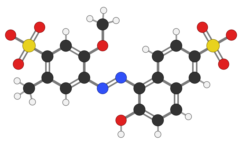 Allura Red: two ring systems joined by an N=N azo bond, each carrying a sulfonate group; every hydrogen shown