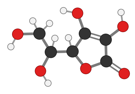 Ascorbic acid: a five-membered ring with a C=C double bond carrying two OH groups, and a two-carbon side chain; every hydrogen shown