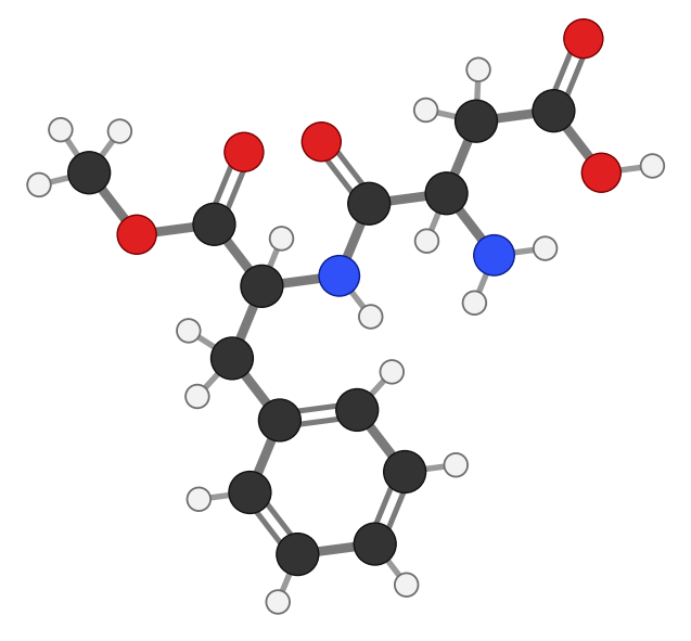 Aspartame: aspartic acid joined to phenylalanine, whose acid end is capped with a methyl group; every hydrogen shown