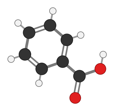 Benzoic acid: a benzene ring with a carboxylic acid group; every hydrogen shown