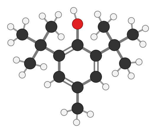 BHT: a benzene ring with an OH between two bulky tert-butyl groups; every hydrogen shown