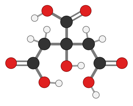 Citric acid: a three-carbon backbone with a central OH and three carboxylic acid groups; every hydrogen shown