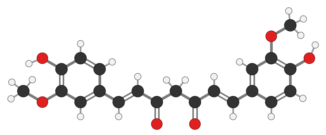 Curcumin: two benzene rings, each with an OH and a methoxy group, joined by a seven-carbon chain with two C=O groups; every hydrogen shown