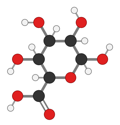 Galacturonic acid: a six-membered sugar ring with a carboxylic acid group; every hydrogen shown