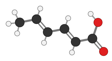 Sorbic acid: a six-carbon chain with two C=C double bonds ending in a carboxylic acid; every hydrogen shown
