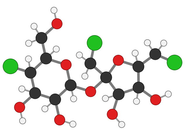 Sucralose: the same two rings as sucrose with three OH groups replaced by green chlorine atoms; every hydrogen shown