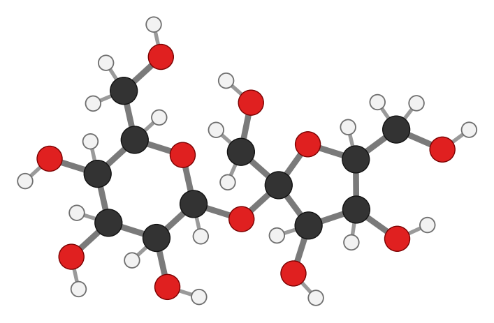 Sucrose: a six-membered glucose ring joined through an oxygen to a five-membered fructose ring; every hydrogen shown