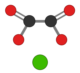 Calcium oxalate: an oxalate ion with both charged oxygens facing a green calcium ion