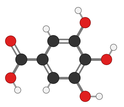 Gallic acid: a benzene ring with three neighboring OH groups and a carboxylic acid; every hydrogen shown