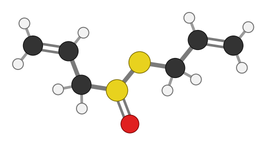 Allicin: two three-carbon allyl groups joined through two sulfurs, one of which carries an oxygen; every hydrogen shown