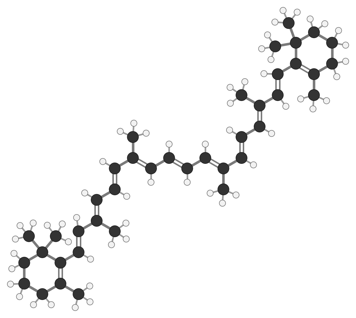 Beta-carotene: a long zigzag chain of alternating double bonds with a six-carbon ring at each end; every hydrogen shown