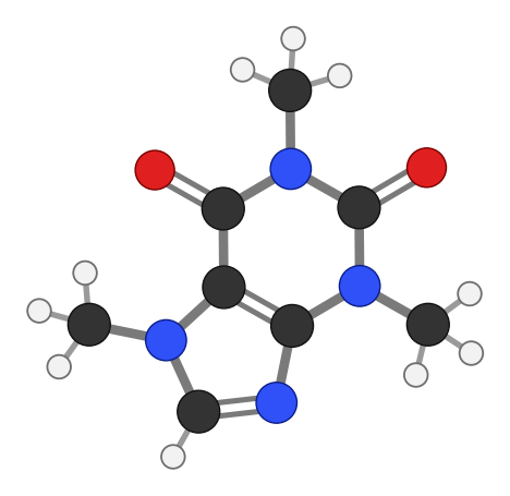 Caffeine: two fused rings containing four nitrogens, two C=O groups and three methyl groups; every hydrogen shown