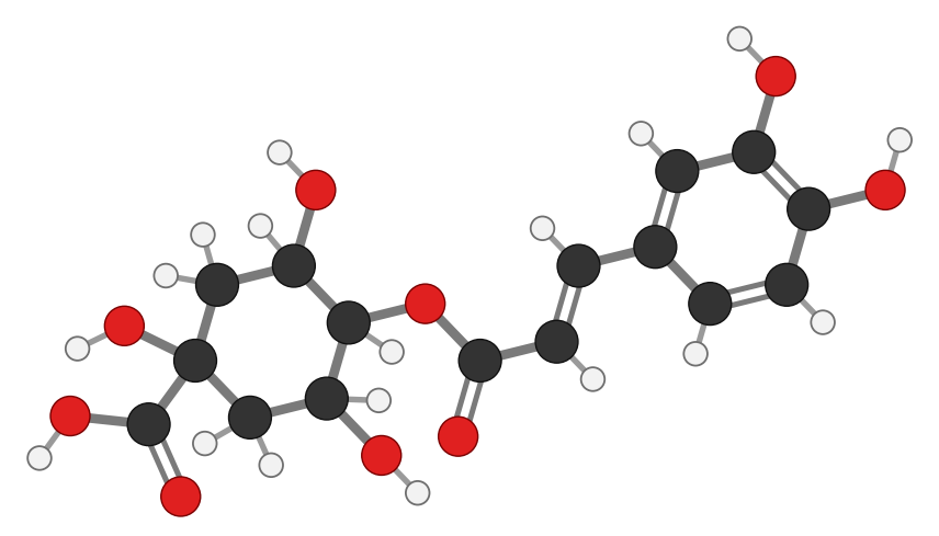 Chlorogenic acid: a ring of carbons with OH groups (quinic acid) joined through an ester to caffeic acid, a phenol ring with two OH groups; every hydrogen shown