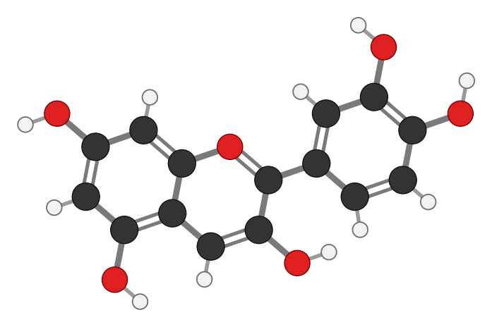 Cyanidin: the flavonoid skeleton with a positively charged oxygen in the middle ring and five OH groups; every hydrogen shown