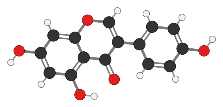 Genistein: the flavonoid skeleton with the second ring moved to the middle carbon, and three OH groups; every hydrogen shown