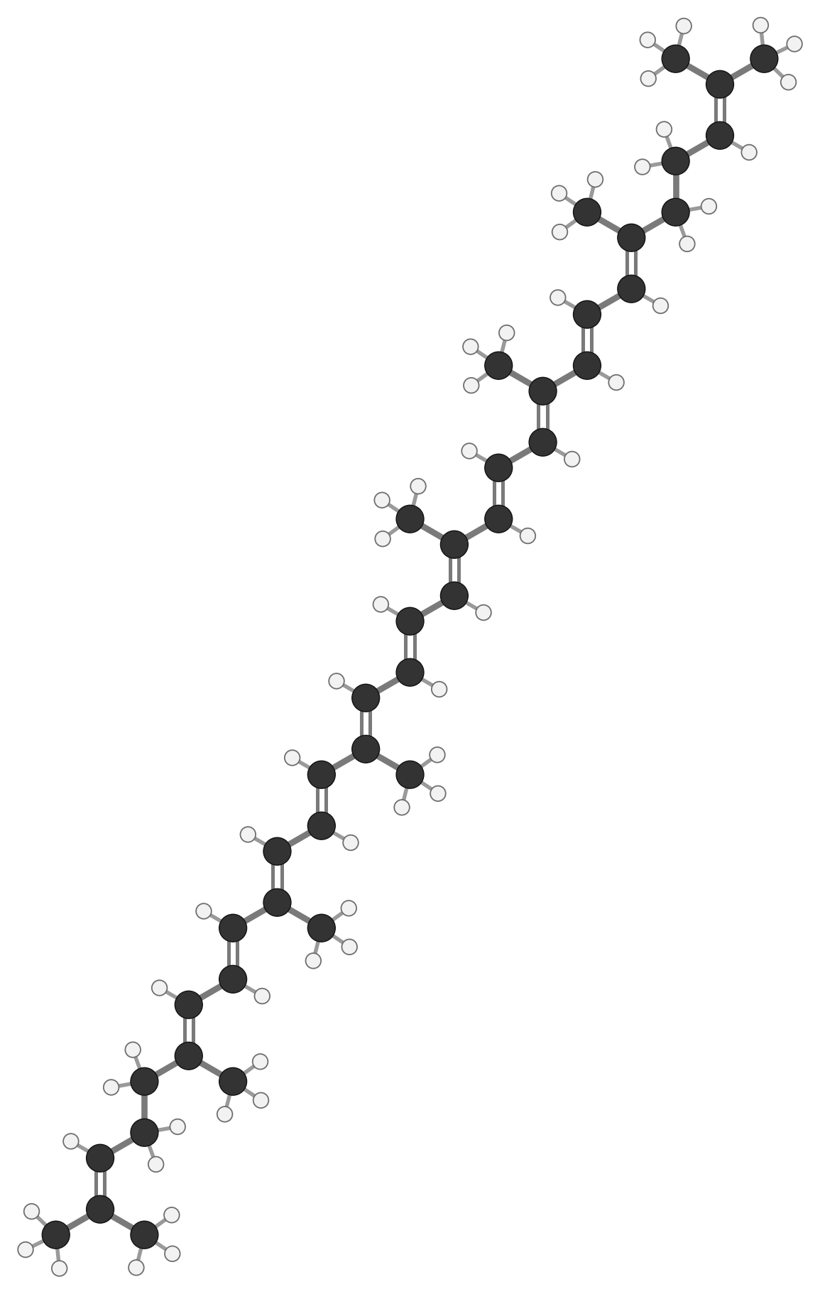 Lycopene: the same forty carbons as beta-carotene but with no rings, an open chain of alternating double bonds; every hydrogen shown
