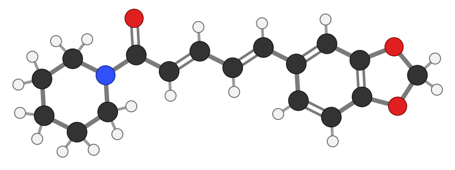 Piperine: a ring of five carbons and a nitrogen joined through an amide to a chain of two double bonds ending in a benzene ring with a methylenedioxy group; every hydrogen shown