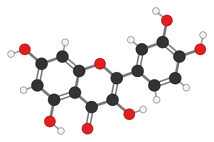 Quercetin: two benzene rings joined through a ring containing oxygen, with five OH groups and a C=O; every hydrogen shown