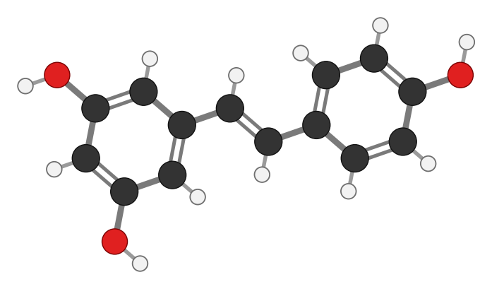Resveratrol: two benzene rings joined by a two-carbon double bond, with three OH groups; every hydrogen shown