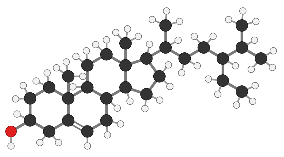 Beta-sitosterol: the same four rings and OH, with an extra two-carbon ethyl group on the tail; every hydrogen shown