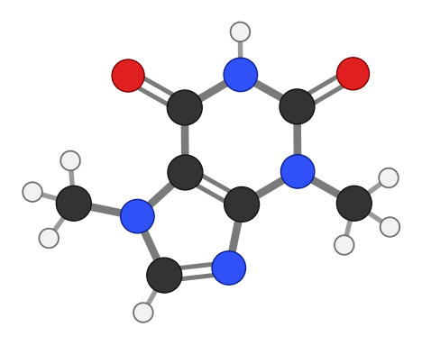 Theobromine: the same two rings with two methyl groups and an N-H where caffeine has its third methyl; every hydrogen shown