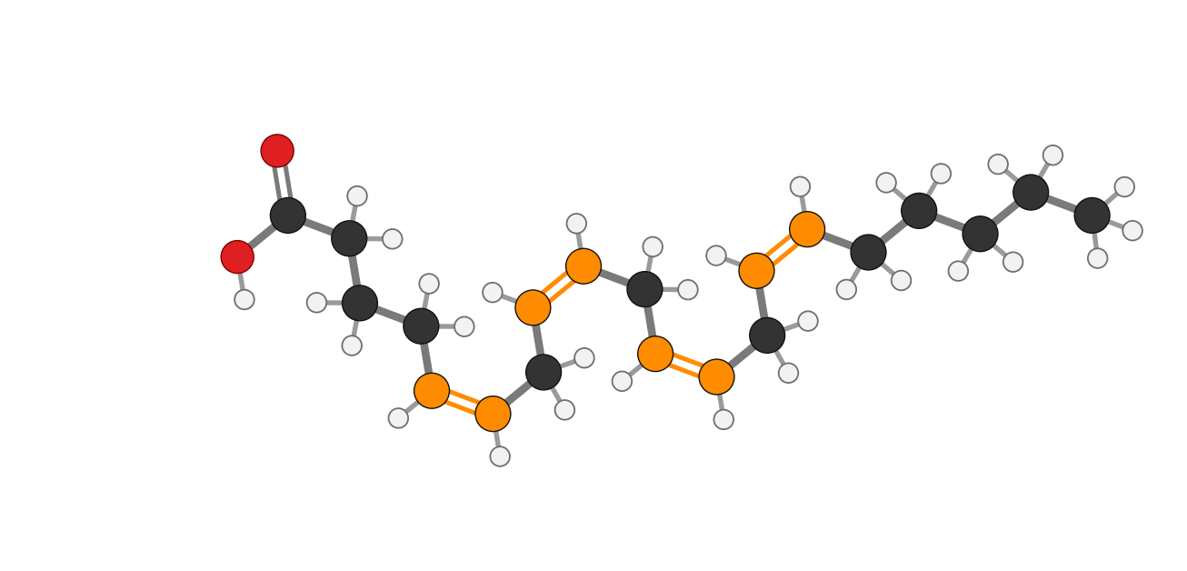 Figure 6: Arachidonic acid (AA), ball-and-stick with every hydrogen; 20:4 omega-6 · 20 carbons, 4 cis double bonds, the first still at ω6