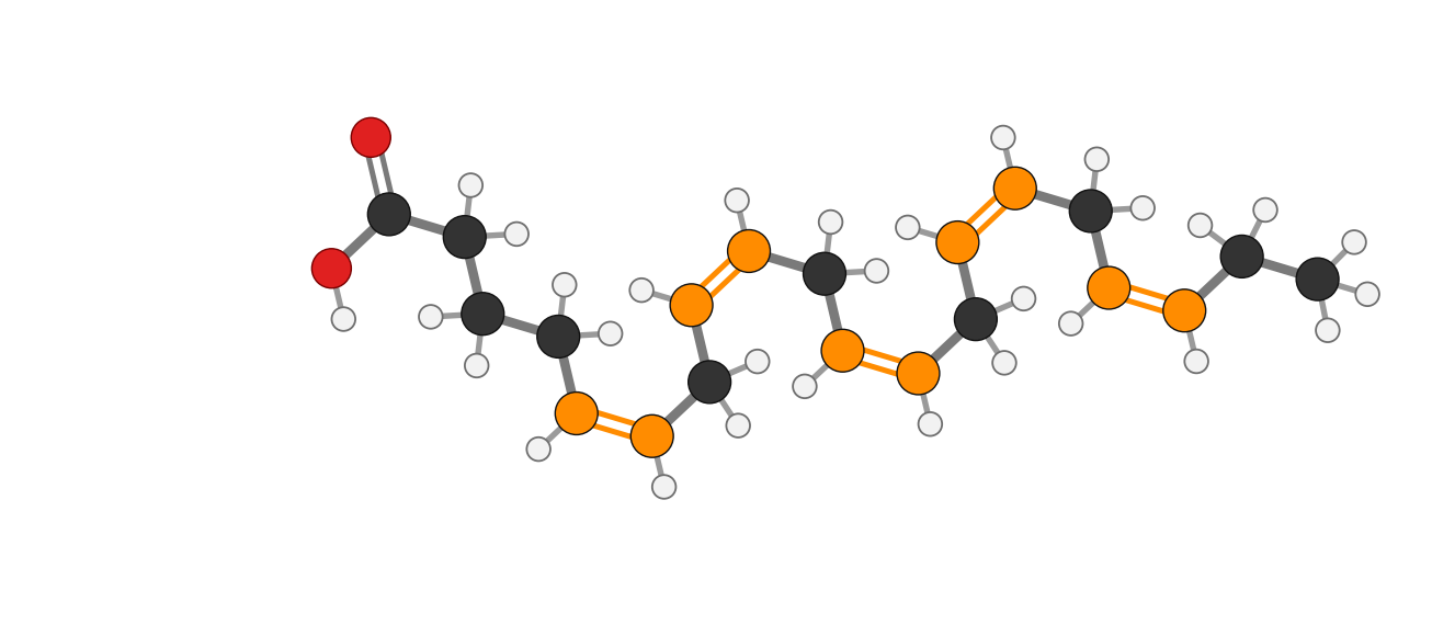 Figure 6: Eicosapentaenoic acid (EPA), ball-and-stick with every hydrogen; 20:5 omega-3 · 20 carbons, 5 cis double bonds, the first still at ω3