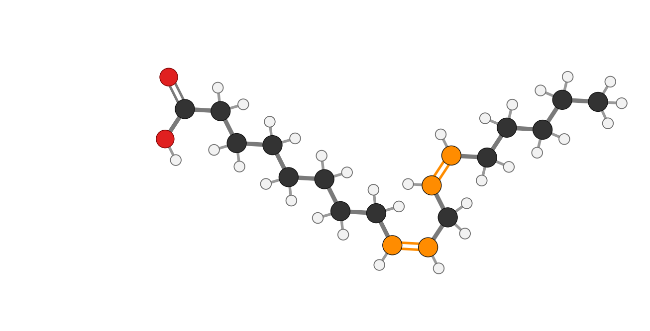 Figure 6: Linoleic acid (LA), ball-and-stick with every hydrogen; 18:2 omega-6 · 18 carbons, 2 cis double bonds, the first at ω6
