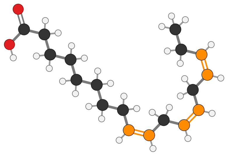 Figure 11: alpha-linolenic acid, ALA, 18 carbons with three cis double bonds (orange), the first at omega-3