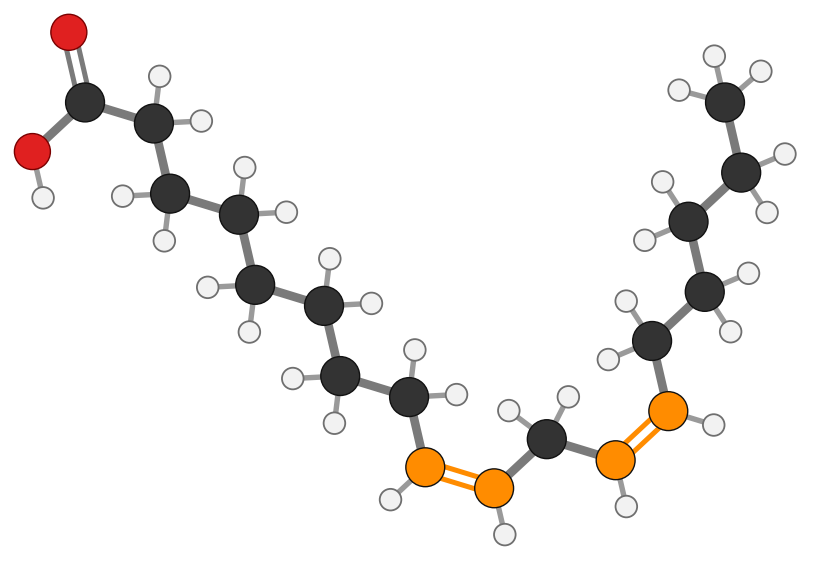Figure 11: linoleic acid, LA, 18 carbons with two cis double bonds (orange), the first at omega-6