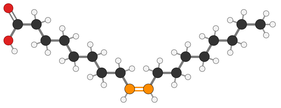 Figure 11: oleic acid, an omega-9: 18 carbons with one cis double bond (orange) at C9=C10 that kinks the chain