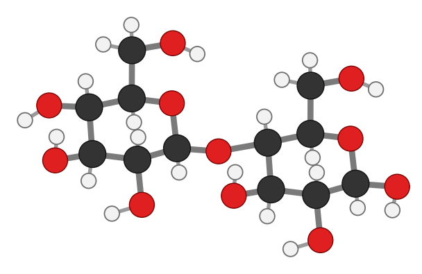 Two beta-glucose rings joined by a beta link through one oxygen; every hydrogen shown