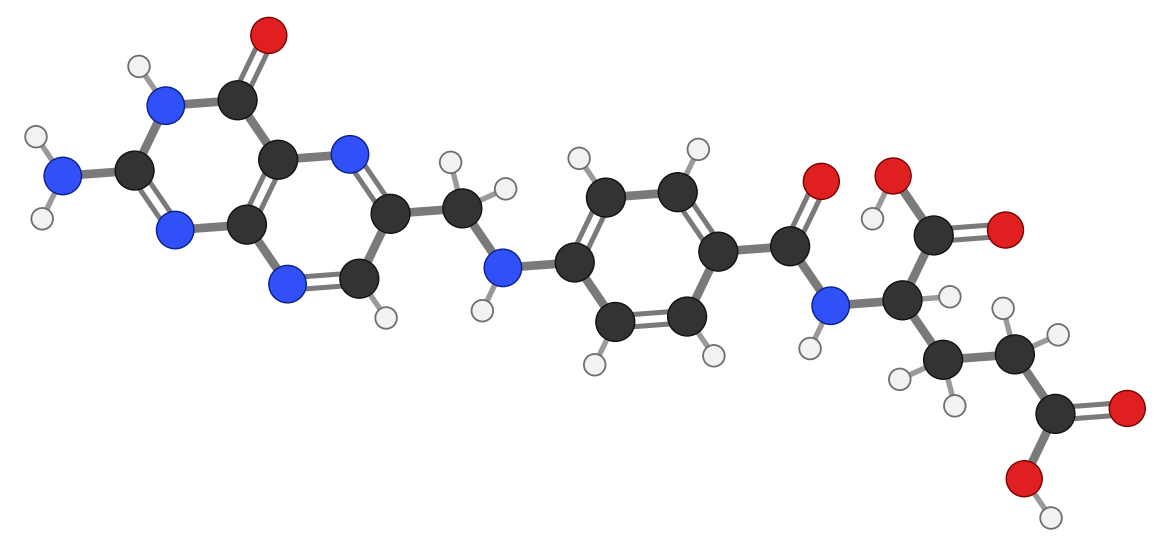 Folic acid: a two-ring pteridine joined to a benzene ring and the amino acid glutamate; every hydrogen shown