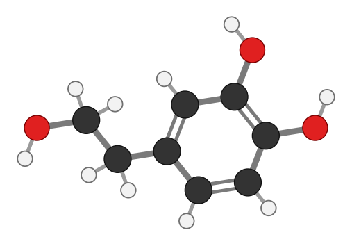 Hydroxytyrosol: a benzene ring with two neighbouring OH groups and a two-carbon chain ending in OH; every hydrogen shown