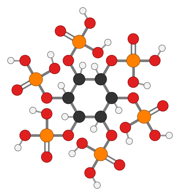 Phytic acid: a six-carbon ring carrying six phosphate groups; every hydrogen shown