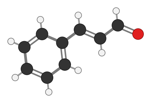 Cinnamaldehyde: a benzene ring attached to a three-carbon chain with a double bond and an aldehyde at the end; every hydrogen shown