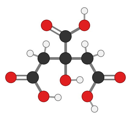 Citric acid: a six-carbon molecule with three carboxylic acid groups and one OH; every hydrogen shown