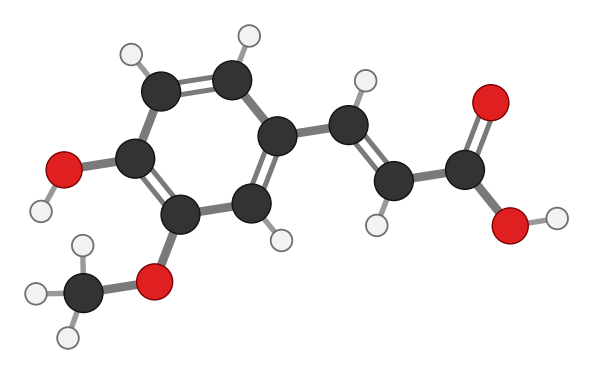 Ferulic acid: a benzene ring with methoxy and OH groups and a three-carbon chain ending in a carboxylic acid; every hydrogen shown