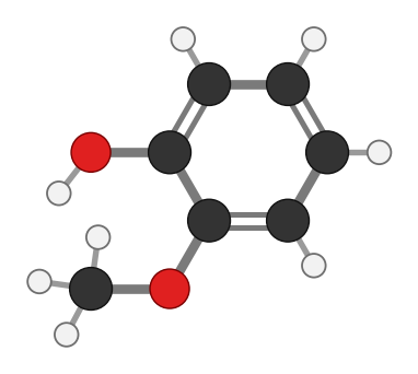 Guaiacol: a benzene ring with an OH and a methoxy group; every hydrogen shown