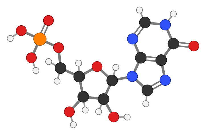 Inosine monophosphate: a double ring with nitrogens, joined to a ribose sugar that carries a phosphate group; every hydrogen shown