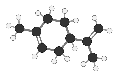 Limonene: a ring of six carbons with one double bond and a methyl group, joined to a three-carbon group with a double bond; every hydrogen shown