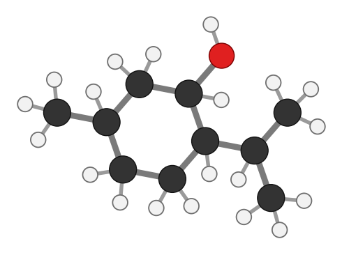 Menthol: a ring of six carbons with an OH, a methyl group and an isopropyl group; every hydrogen shown