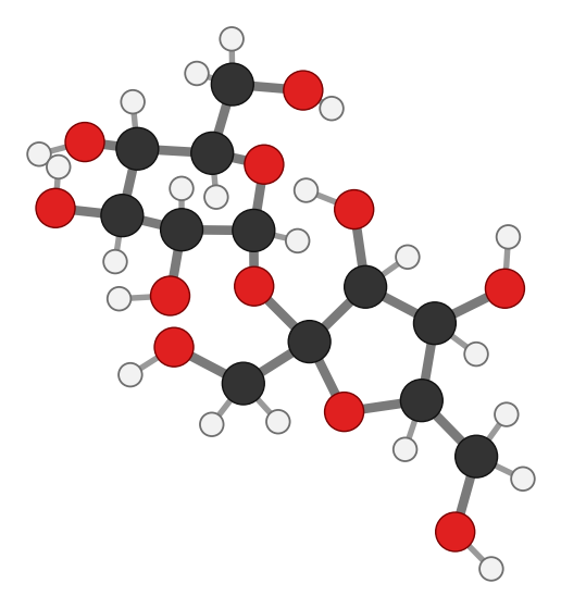 Sucrose: a glucose ring and a fructose ring joined through an oxygen; every hydrogen shown