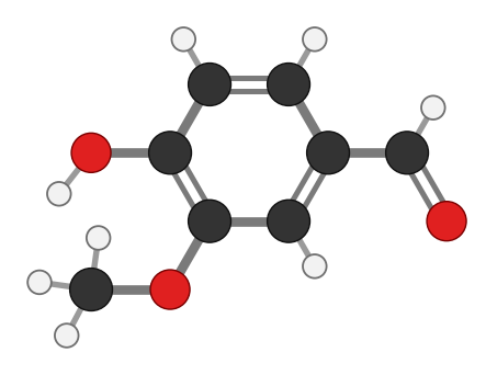 Vanillin: a benzene ring with an aldehyde group, a methoxy group and an OH; every hydrogen shown
