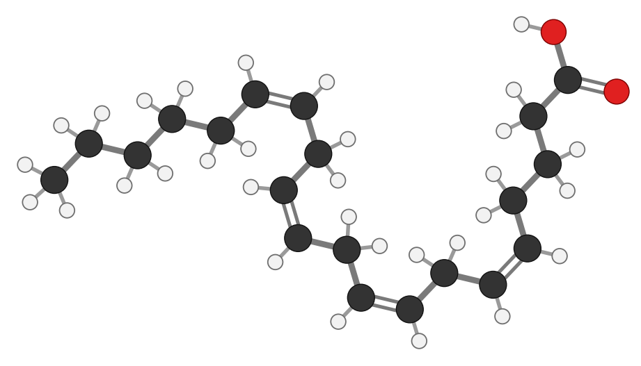 Arachidonic acid, C20H32O2: a 20-carbon chain with four cis double bonds, the last one 6 carbons from the omega end; every hydrogen shown