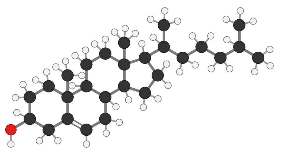 Cholesterol, C27H46O: four fused carbon rings (three six-sided, one five-sided), one OH group on the left ring, and a short branched tail on the right; every hydrogen shown