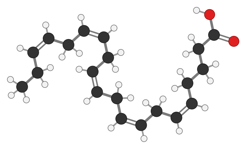 EPA, eicosapentaenoic acid, C20H30O2: a 20-carbon chain with five cis double bonds, the last one 3 carbons from the omega end; every hydrogen shown
