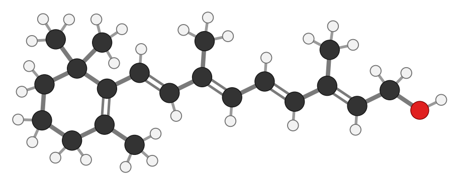 Retinol, vitamin A, C20H30O: a six-carbon ring on the left and a chain of alternating double bonds ending in an OH group on the right; every hydrogen shown