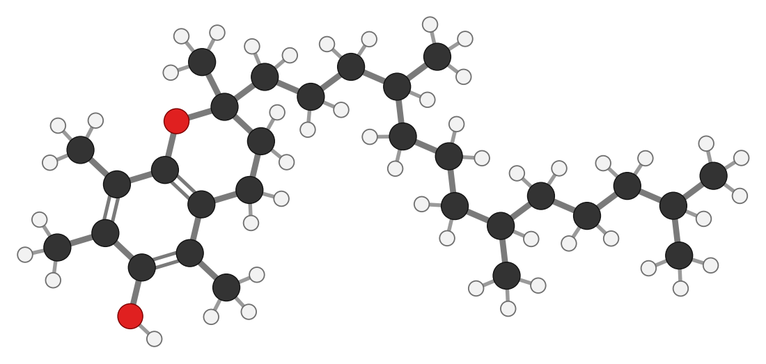 Vitamin E, alpha-tocopherol, C29H50O2: a double ring (chromanol) with an OH on the left and a long saturated tail with three methyl branches on the right; every hydrogen shown