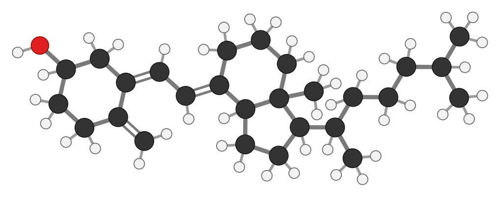 Vitamin D3, cholecalciferol, C27H44O: the cholesterol skeleton with its second ring opened, an OH on the left ring and an eight-carbon tail on the right; every hydrogen shown